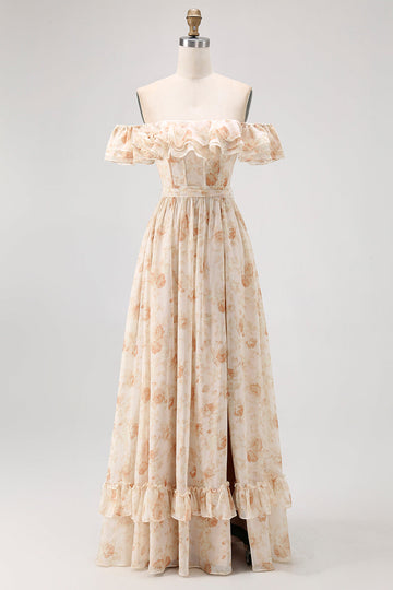 Fleur de champagne hors de l’épaule Corset Robe de demoiselle d’honneur trapèze avec fente